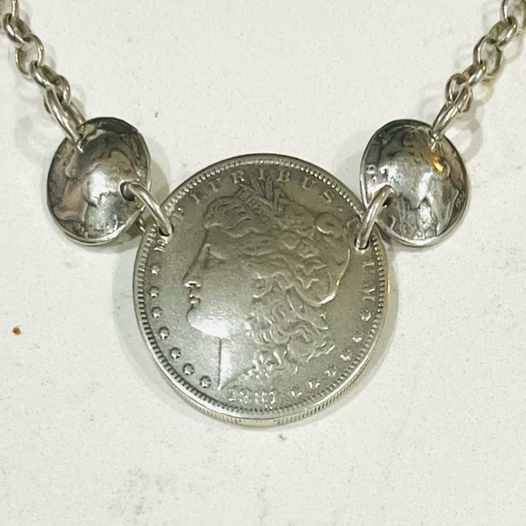 1881-O US Morgan Silver Dollar Coin Plus 2 Dimes in Sterling Silver 18" Necklace - Picture 5 of 12